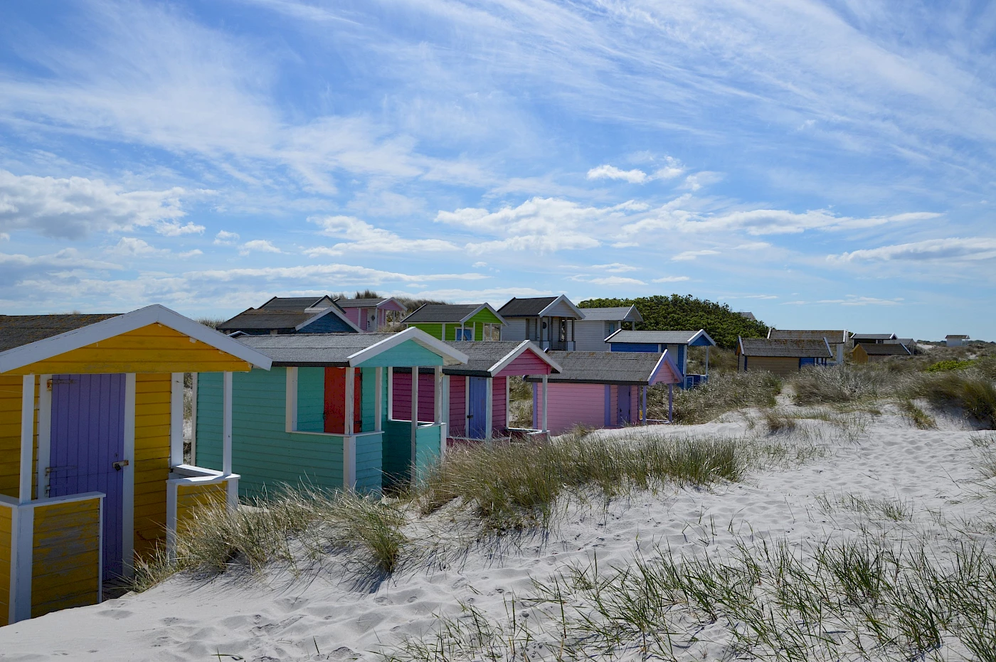 Hallin Löfgren Juristbyrå - En rad färgglada strandstugor vid havet.